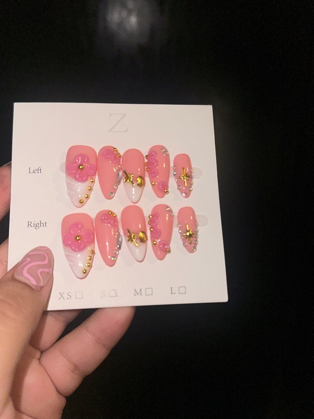 Pink Floral Press-On Nail Set with Gold Accents